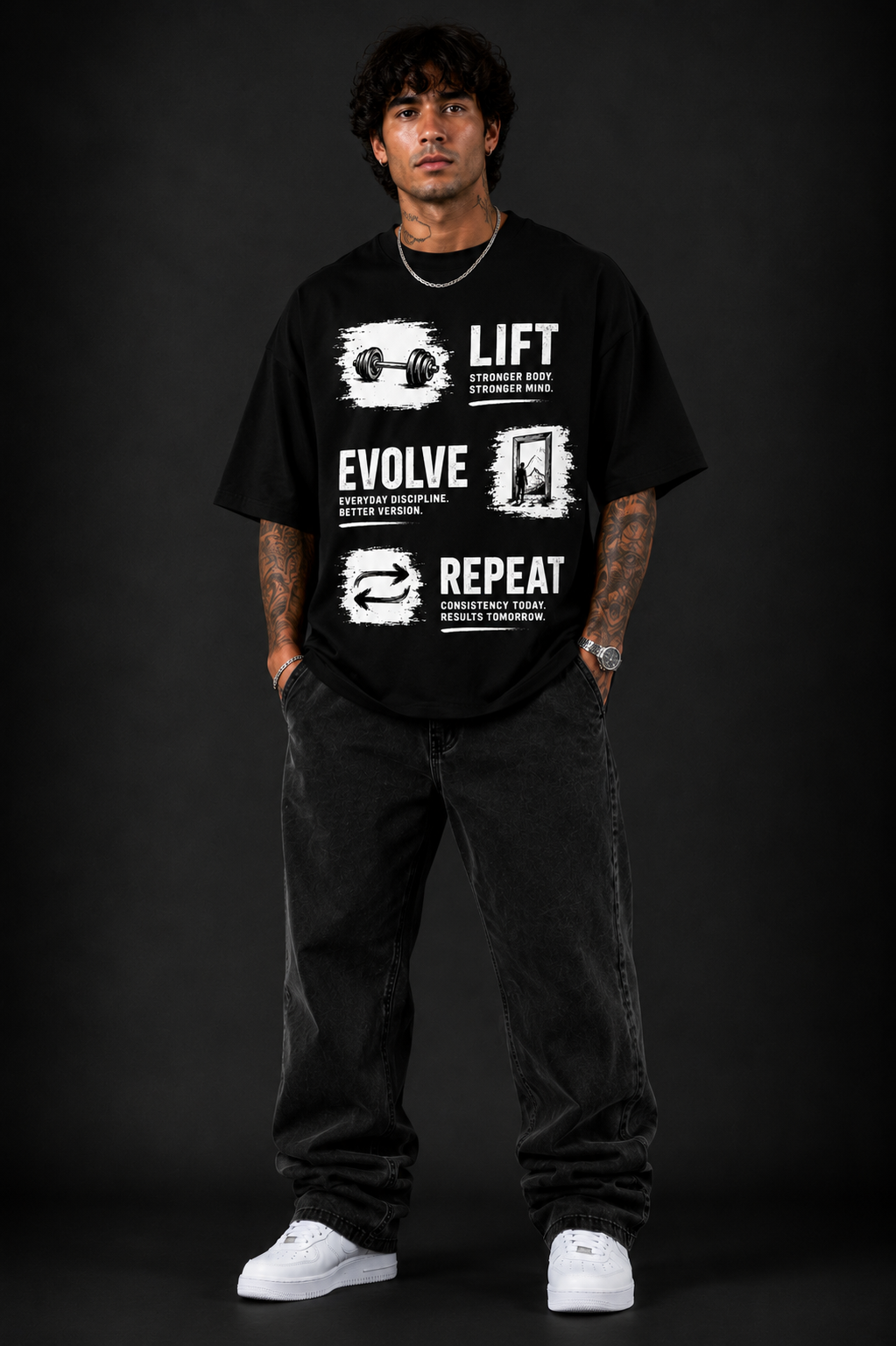 EVOLVE LIFT REPEAT™ Oversized Graphic Streetwear Tee – Black Edition
