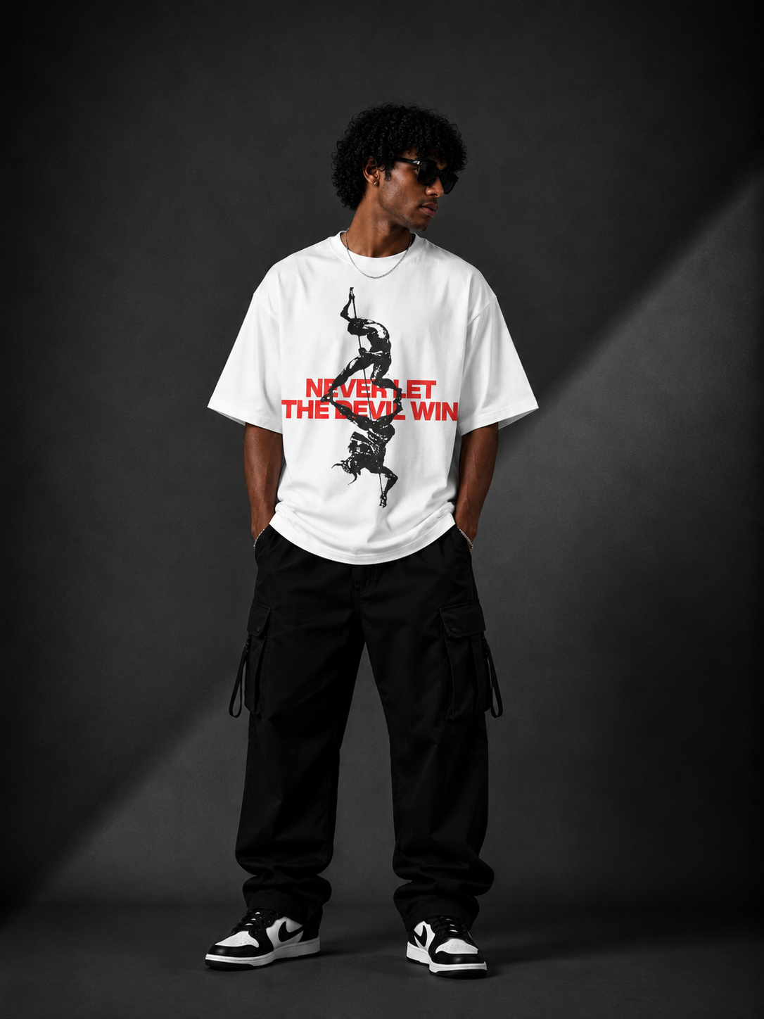 NEVER LET THE DEVIL WIN™ Oversized Graphic Streetwear Tee – White Edition - Image 3
