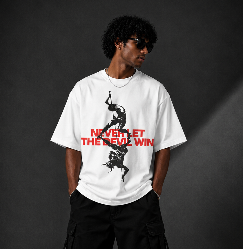NEVER LET THE DEVIL WIN™ Oversized Graphic Streetwear Tee – White Edition