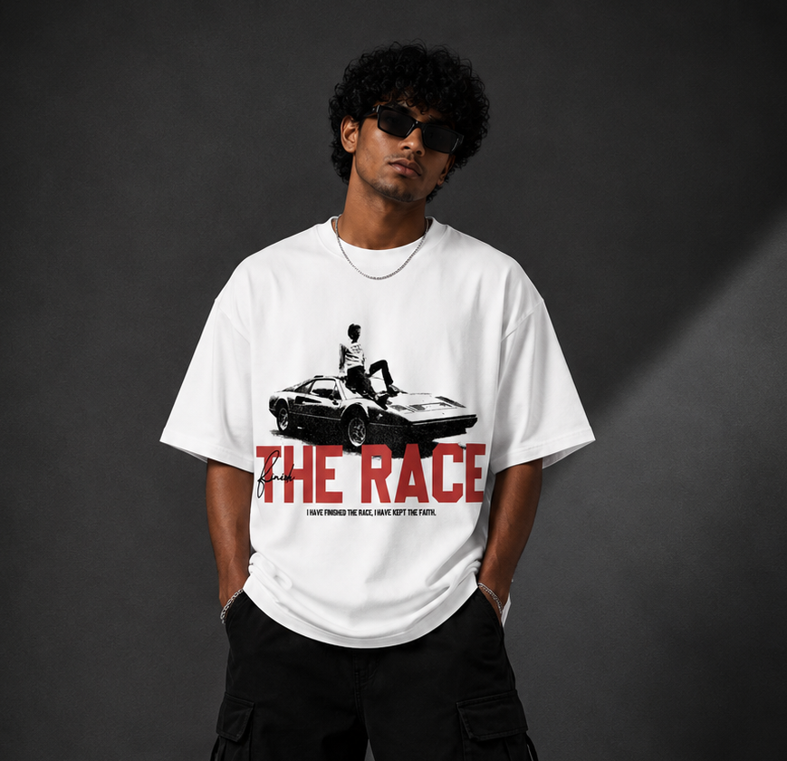 THE RACE™ Oversized Graphic Streetwear Tee – White Edition - Image 2