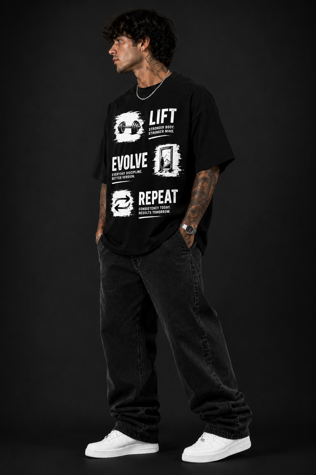 EVOLVE LIFT REPEAT™ Oversized Graphic Streetwear Tee – Black Edition - Image 3