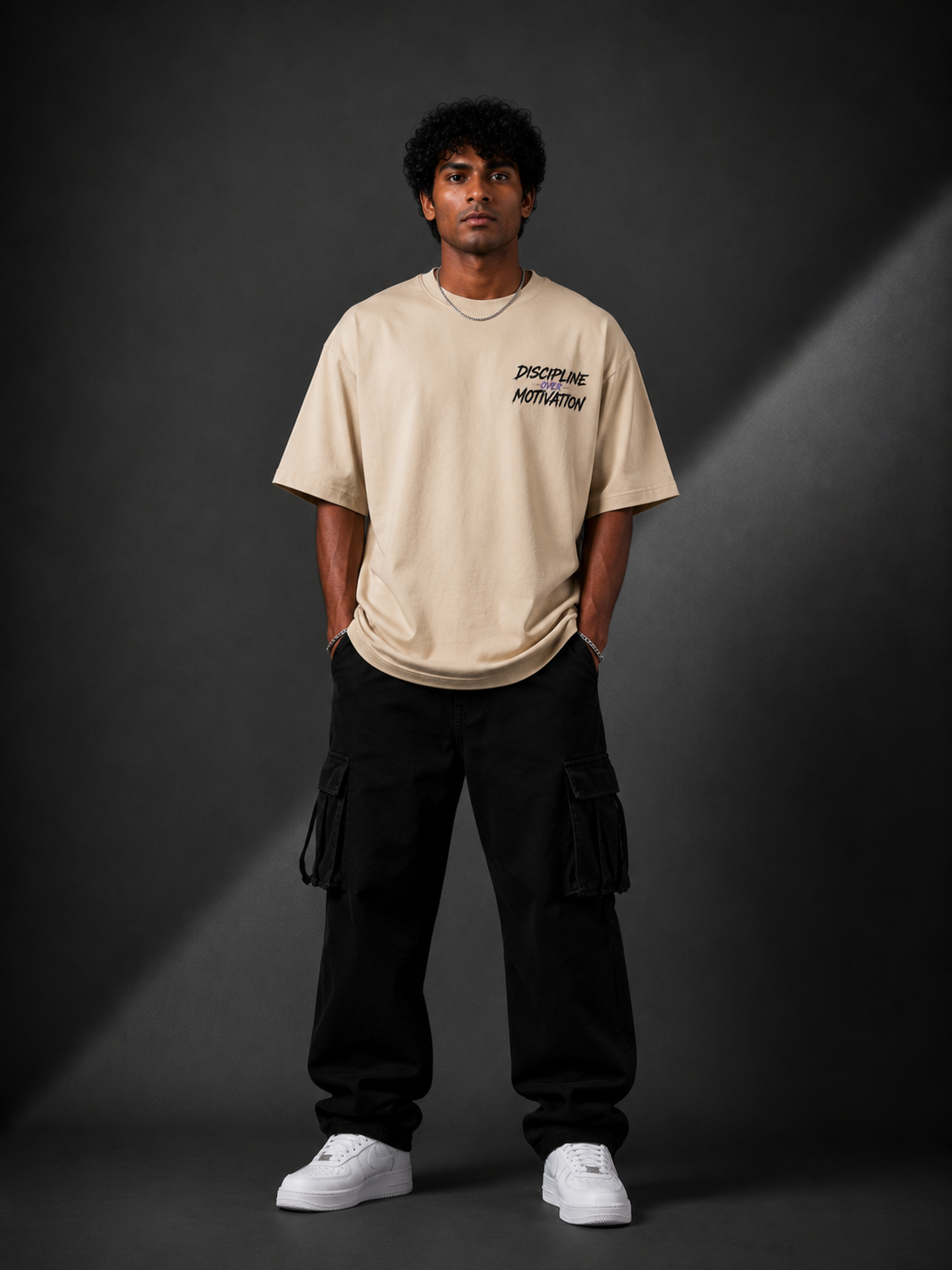 DISCIPLINE OVER MOTIVATION™ Oversized Graphic Streetwear Tee – Sand Edition - Image 2