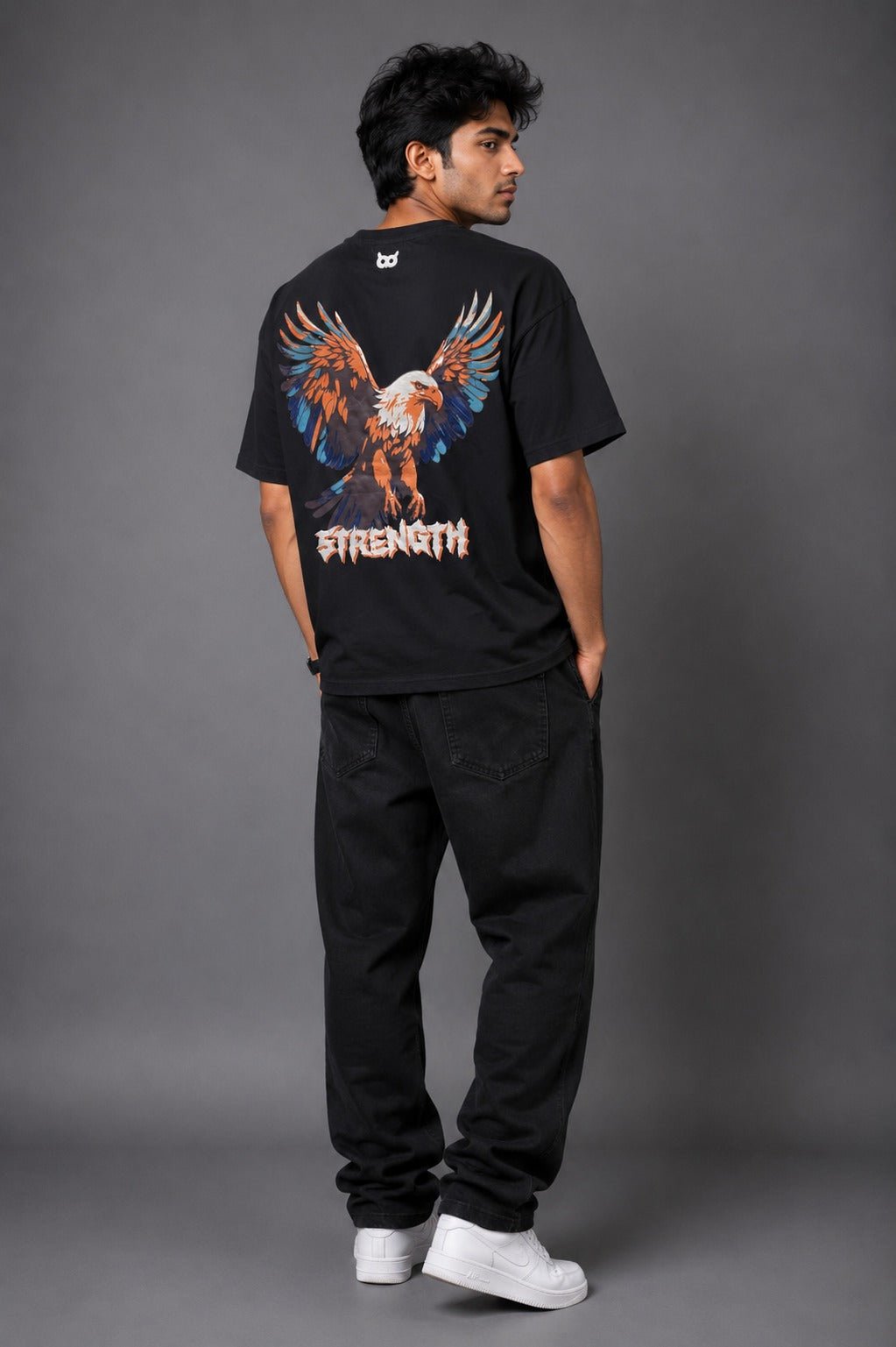 Puff Print Strength Eagle Oversized Black T-Shirt for Men | Graphic Streetwear Back Print Tee - Image 4