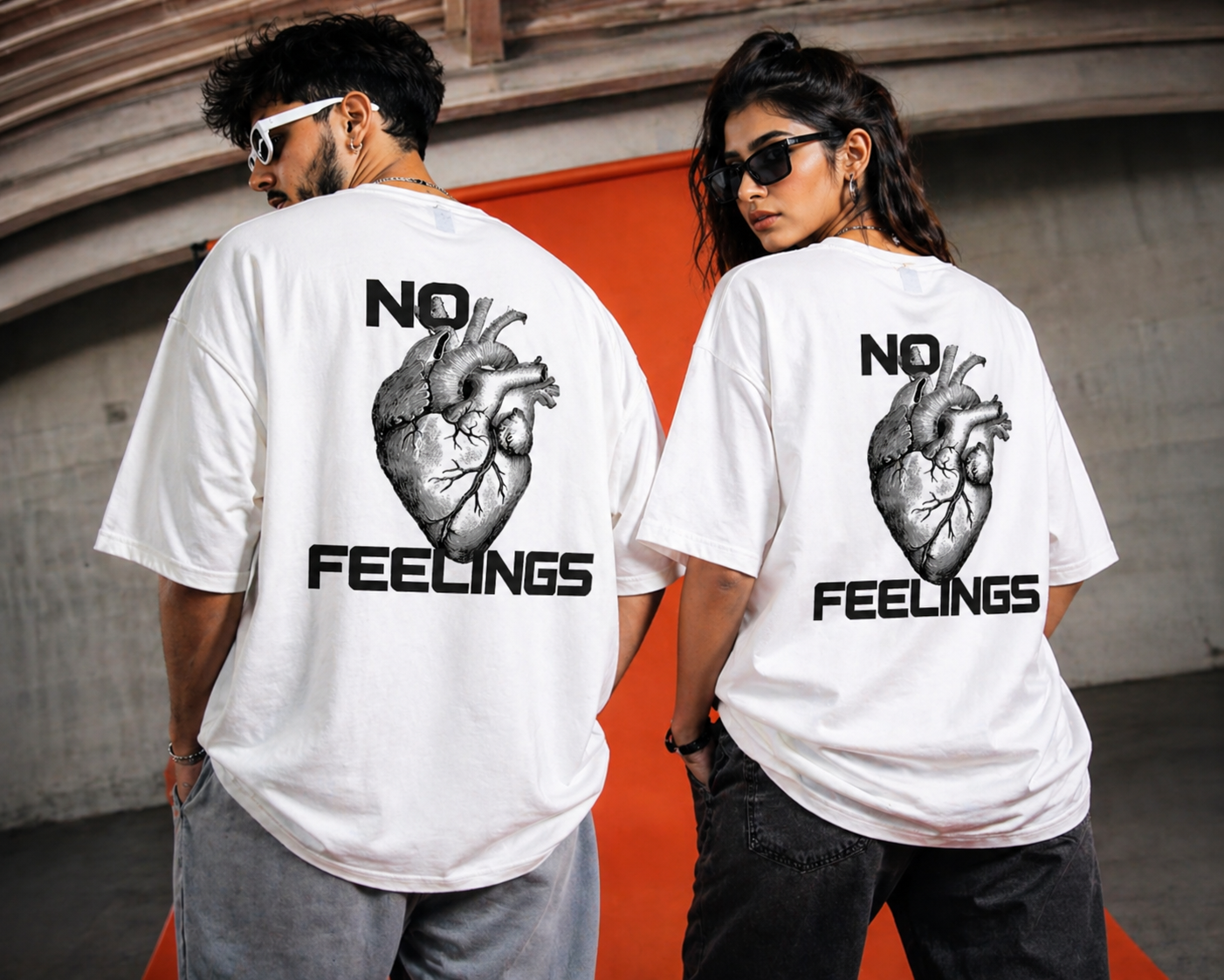 No Feelings Anatomical Heart White Oversized Graphic T-Shirt with black heart back print by StitchVaults™