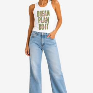 StitchVaults Dream Big women’s white graphic tank top with olive green and pink motivational typography front view