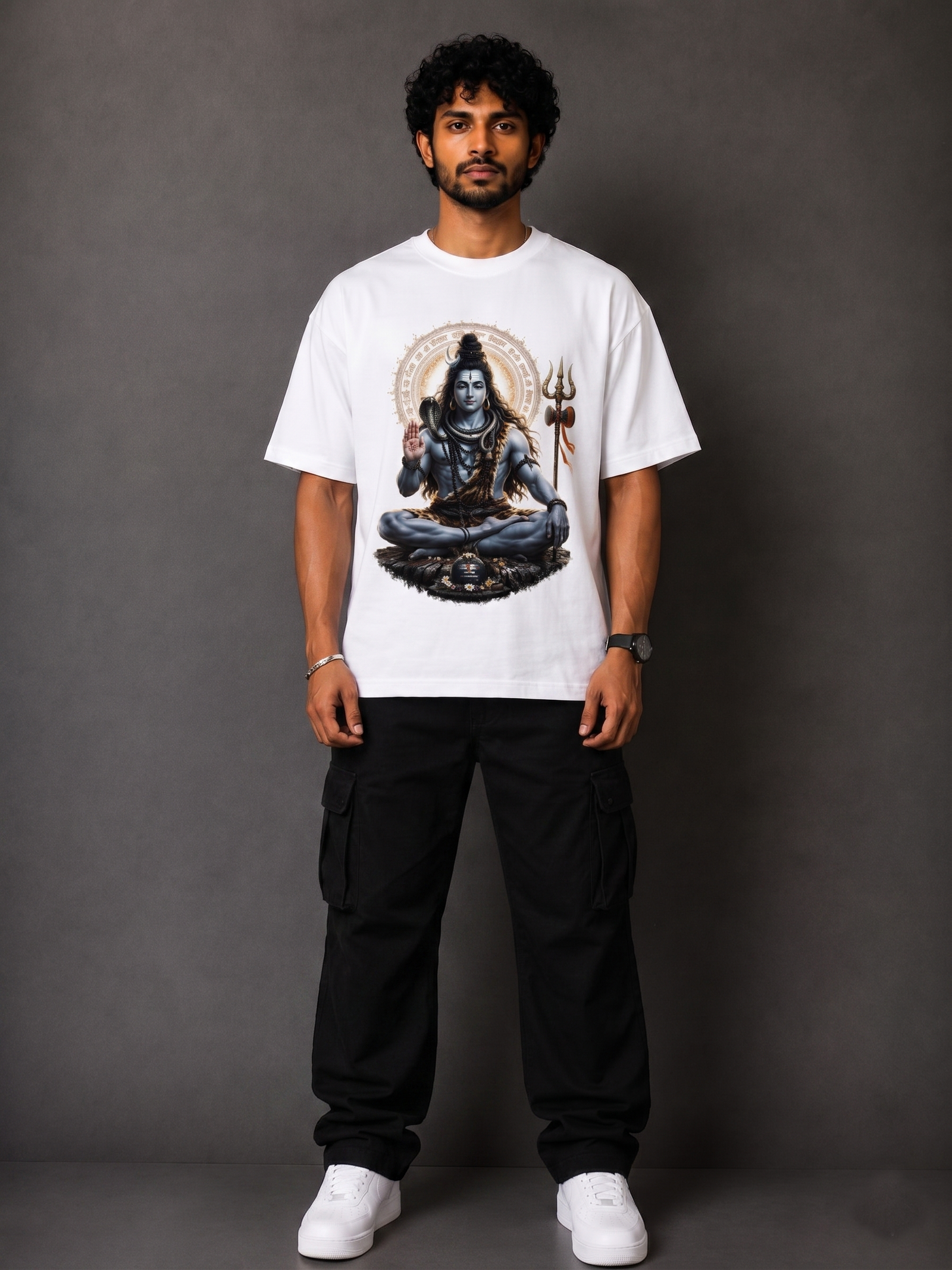 Lord Shiva Meditating Oversized Graphic T-Shirt - Divine White