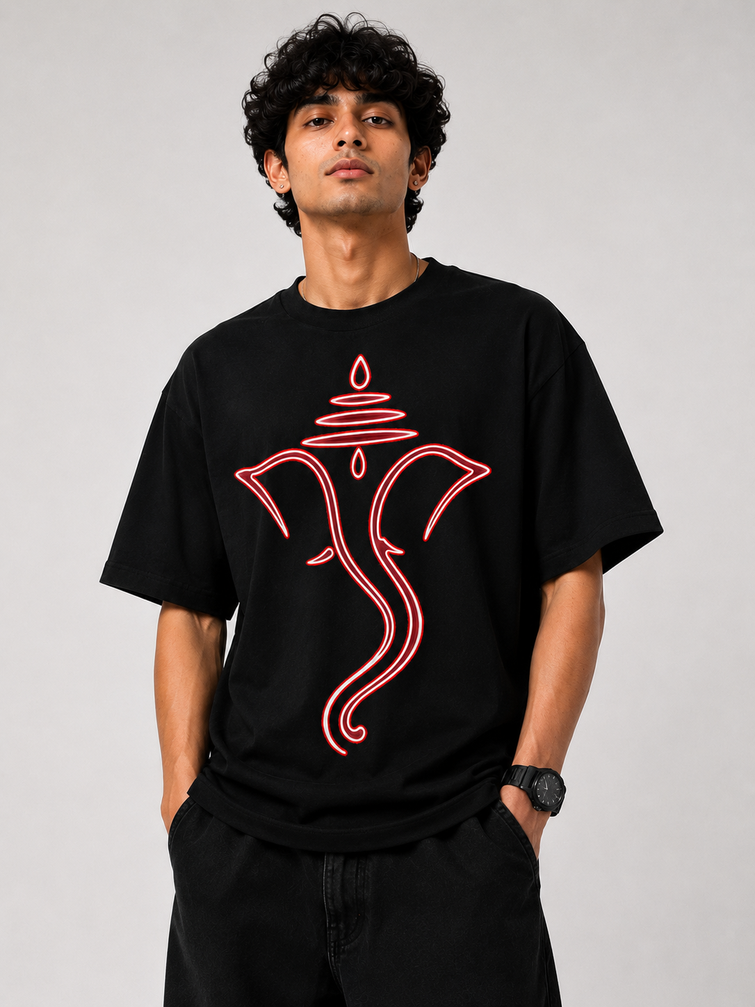 StitchVaults™ Divine Ganesha Neon Line Art Oversized Graphic T-Shirt – GANESHA LEGACY™ Collection | Premium Cotton - Image 3