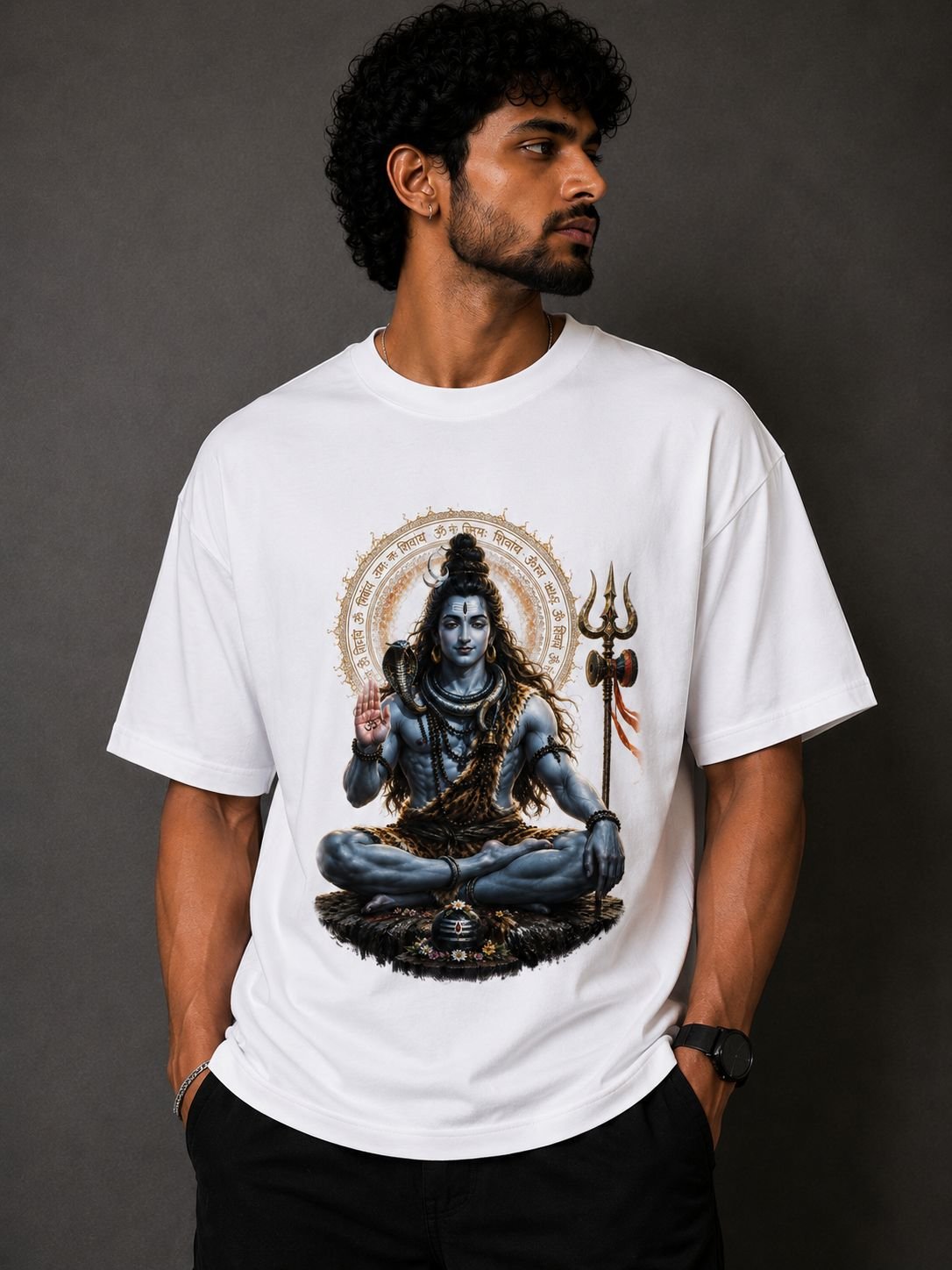 Lord Shiva Meditating Oversized Graphic T-Shirt - Divine White - Image 2