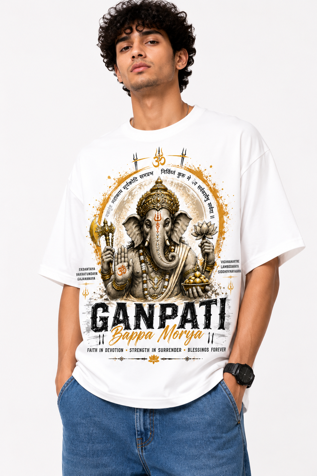 StitchVaults™ Ganpati Bappa Morya Oversized Graphic T-Shirt – GANESHA LEGACY™ Collection | Premium Cotton - Image 3