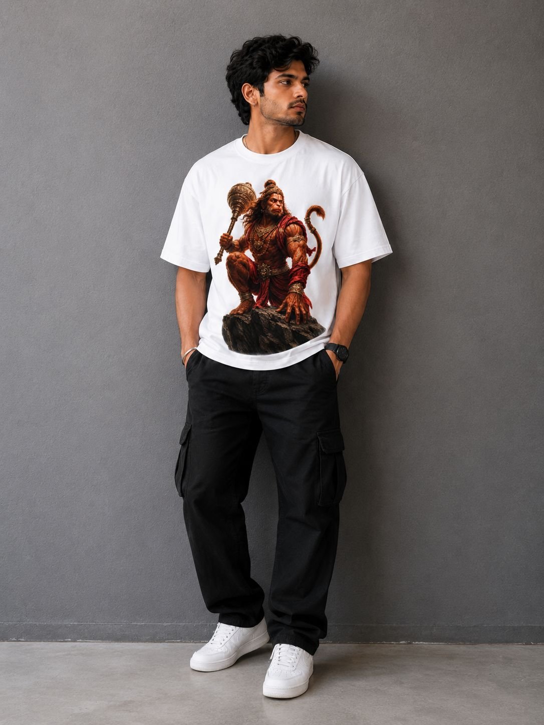Hanuman "The Warrior Monk" White Oversized Graphic T-Shirt