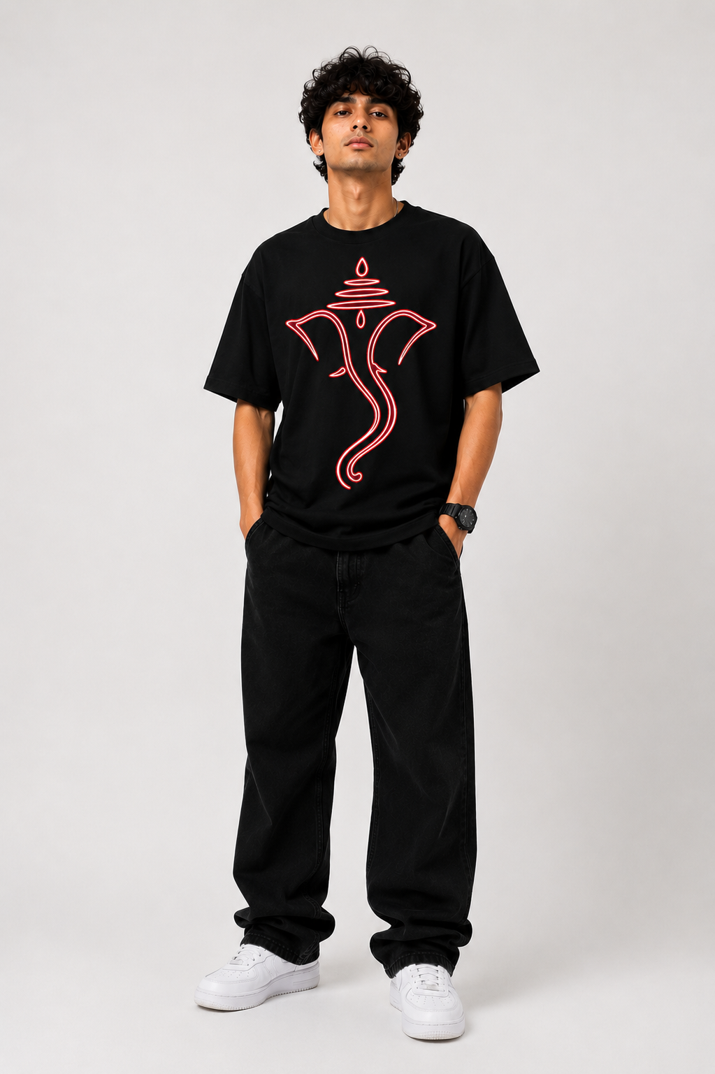 StitchVaults™ Divine Ganesha Neon Line Art Oversized Graphic T-Shirt – GANESHA LEGACY™ Collection | Premium Cotton