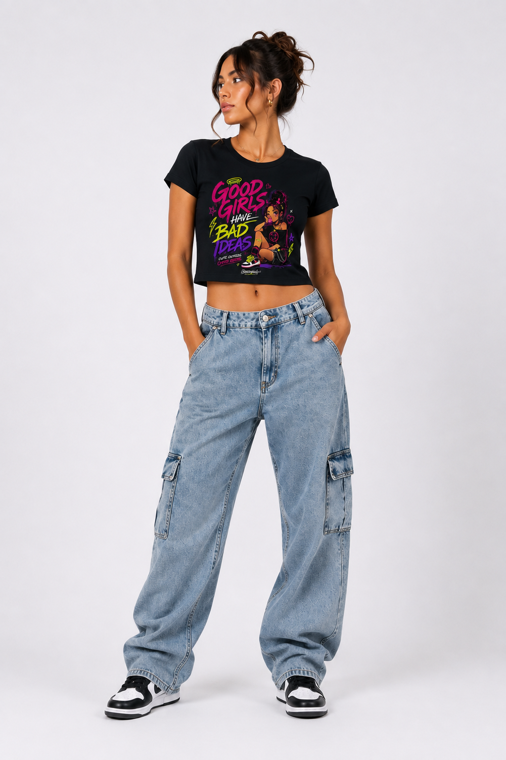 Good Girls Have Bad Ideas Women’s Black Graphic Crop Top by StitchVaults™