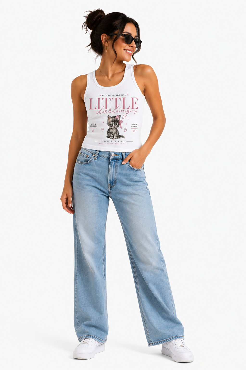 StitchVaults Little Darling women’s white graphic tank top with pink typography and cute kitten print front view