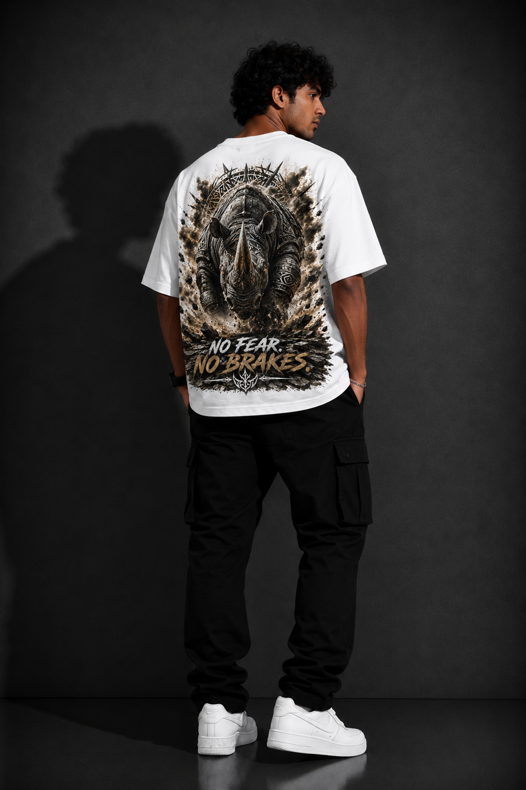StitchVaults™ No Fear No Brakes Oversized Rhino Graphic T-Shirt - Image 3