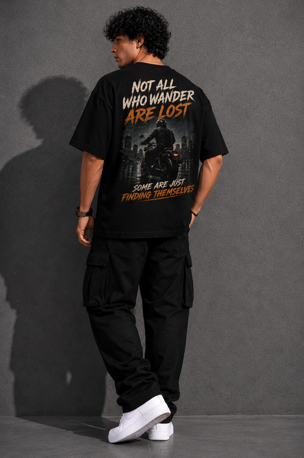StitchVaults™ Not All Who Wander Are Lost Oversized Biker T-Shirt for Men - Image 2