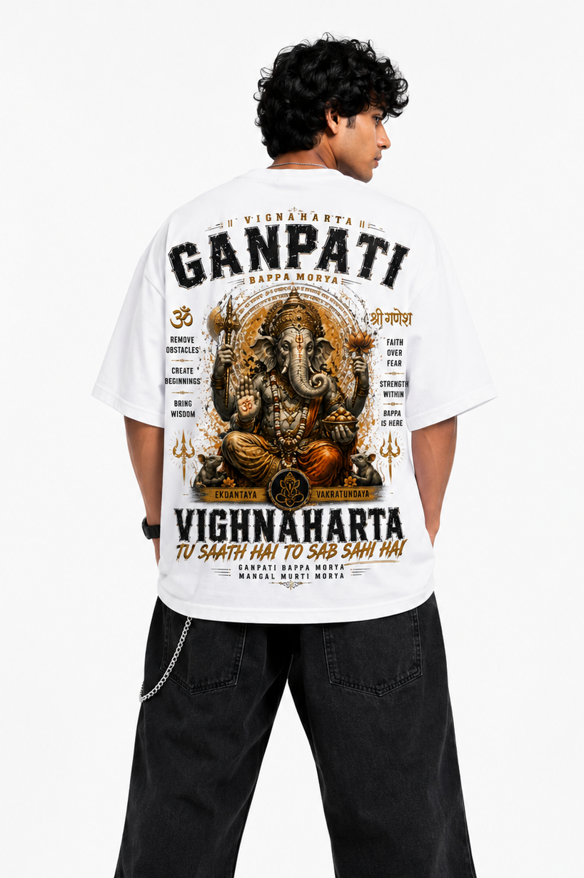 StitchVaults™ Ganpati Vighnaharta Oversized Graphic T-Shirt