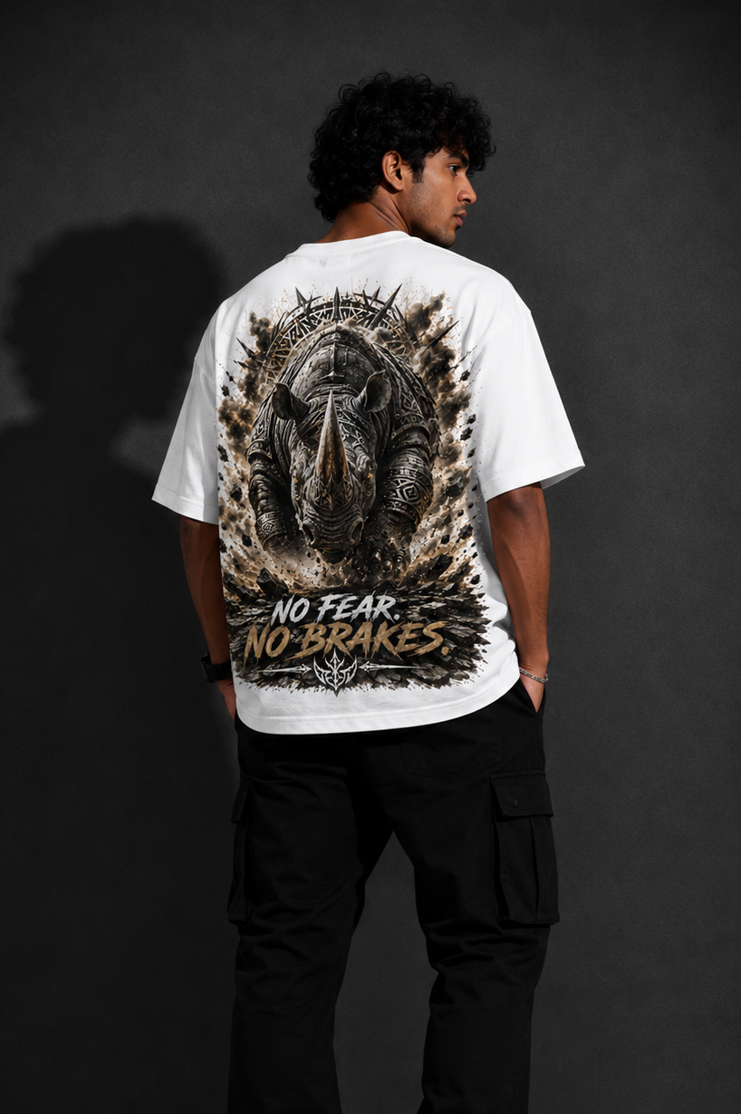 StitchVaults™ No Fear No Brakes Oversized Rhino Graphic T-Shirt