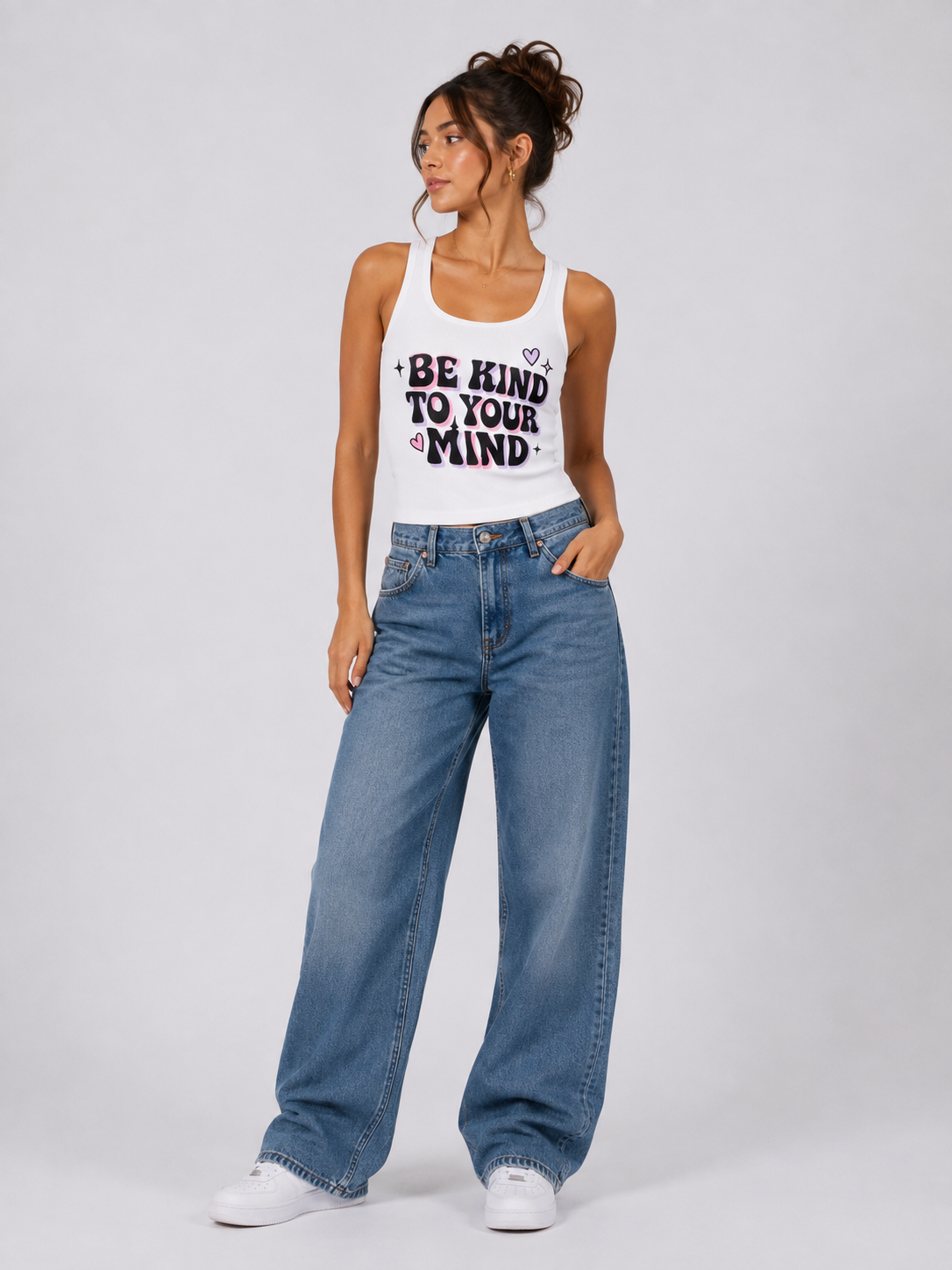 Be Kind To Your Mind Women’s White Graphic Tank Top by StitchVaults™