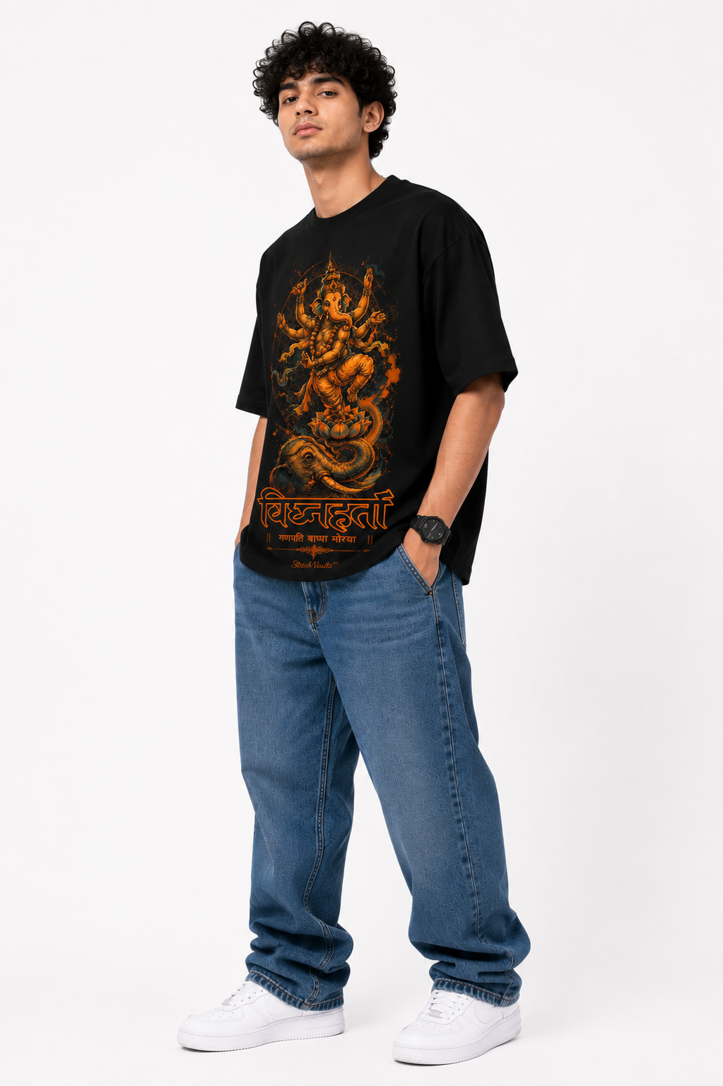 StitchVaults™ Vighnaharta Ganpati Morya Oversized Graphic T-Shirt – GANESHA LEGACY™ Collection | Premium Cotton - Image 4