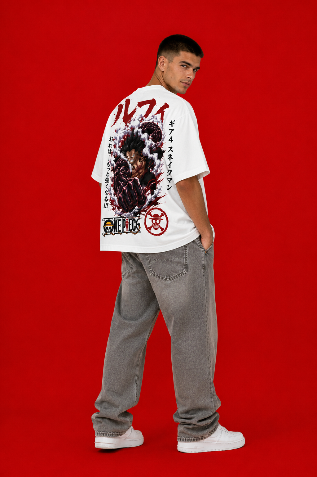 LUFFY GEAR 4 SNAKEMAN™ Oversized Anime Streetwear Tee – White Edition - Image 3
