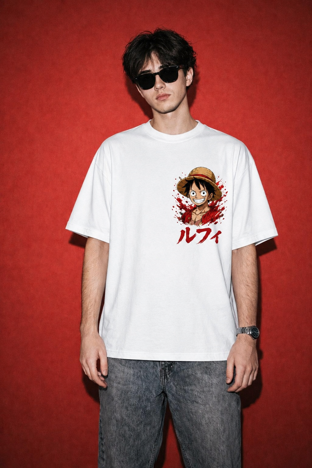 LUFFY GEAR RUSH™ Oversized Anime Streetwear Tee – White Edition