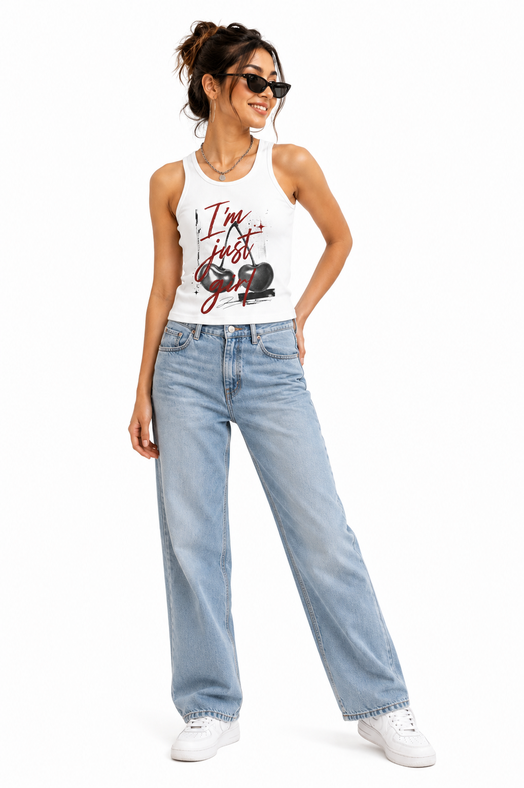 I’m Just a Girl Women’s White Graphic Tank Top. - Image 4