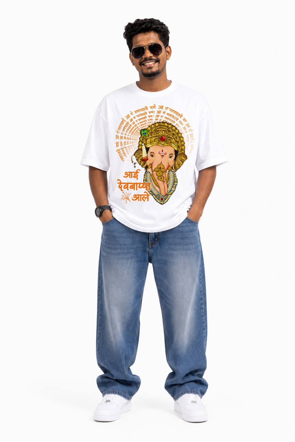 StitchVaults™ Aai Devbappa Aale Divine Mantra Oversized Graphic T-Shirt – GANESHA LEGACY™ Collection | Premium Heavyweight Cotton