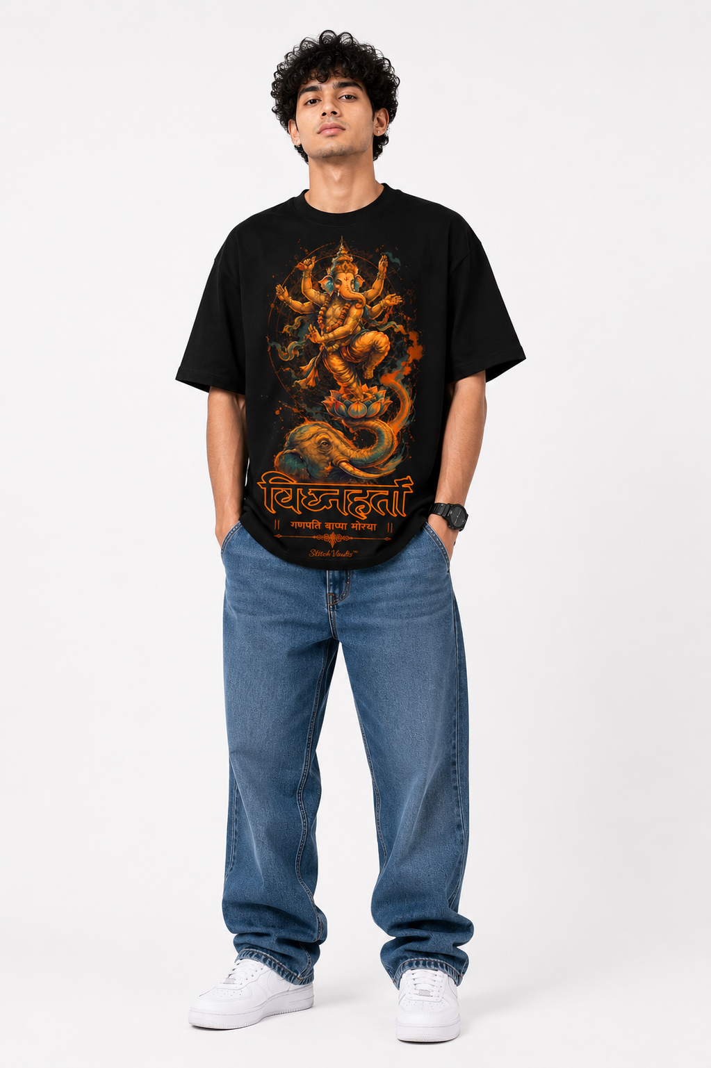 StitchVaults™ Vighnaharta Ganpati Morya Oversized Graphic T-Shirt – GANESHA LEGACY™ Collection | Premium Cotton