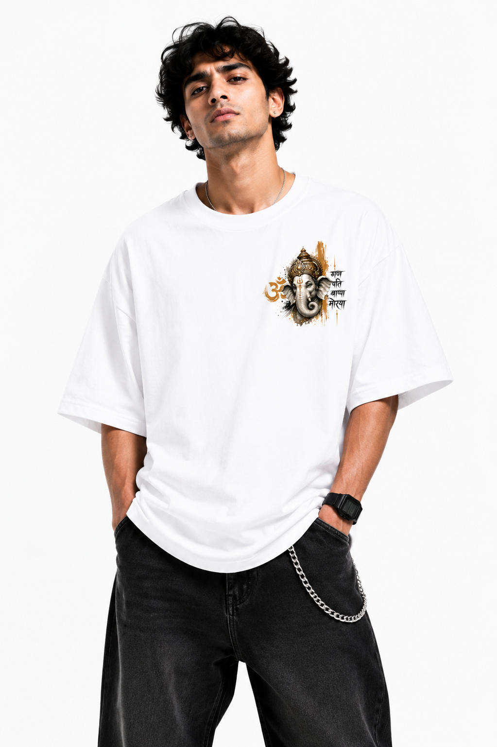 StitchVaults™ Ganpati Bappa Morya Oversized Graphic T-Shirt - Image 2