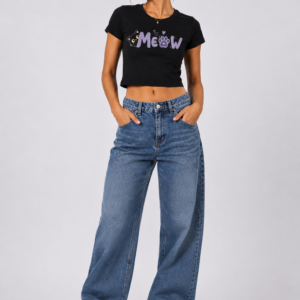 Meow Women’s Black Graphic Crop Top by StitchVaults™