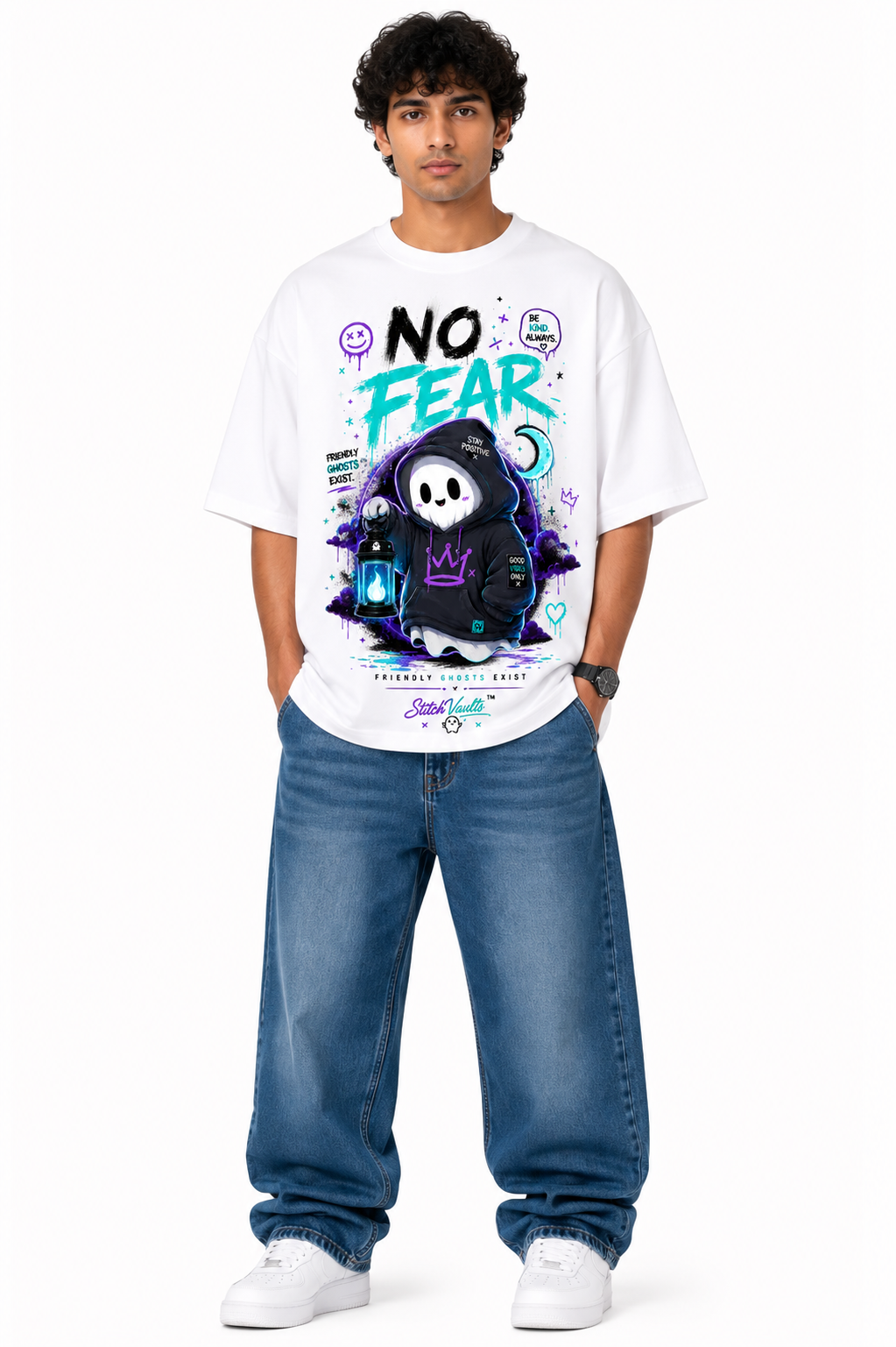 StitchVaults™ No Fear Oversized Graphic T-Shirt – Friendly Ghost Edition | NOSTALGIA™ Collection