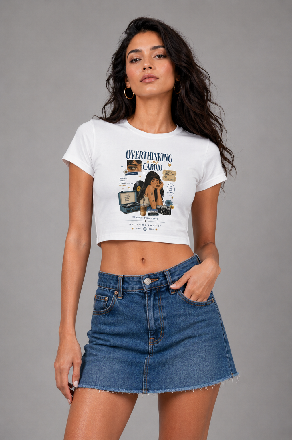 Overthinking Is My Cardio Women’s White Graphic Crop Top | StitchVaults™