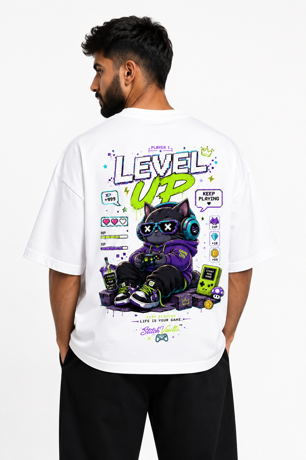 StitchVaults™ Level Up Oversized Graphic T-Shirt – NOSTALGIA™ Collection | Premium Heavyweight Cotton