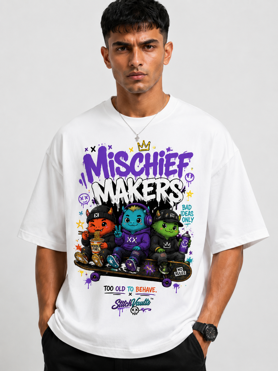 StitchVaults™ Mischief Makers Oversized Graphic T-Shirt – NOSTALGIA™ Collection | Premium Cotton