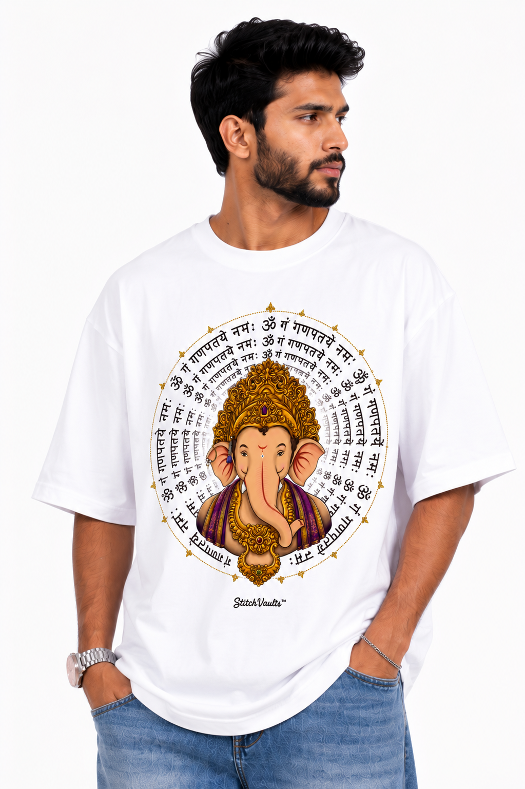 StitchVaults™ Om Gam Ganapataye Namah Oversized Graphic T-Shirt – GANESHA LEGACY™ Collection | Premium Heavyweight Cotton - Image 3