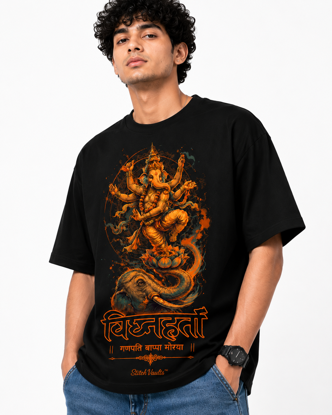 StitchVaults™ Vighnaharta Ganpati Morya Oversized Graphic T-Shirt – GANESHA LEGACY™ Collection | Premium Cotton - Image 2
