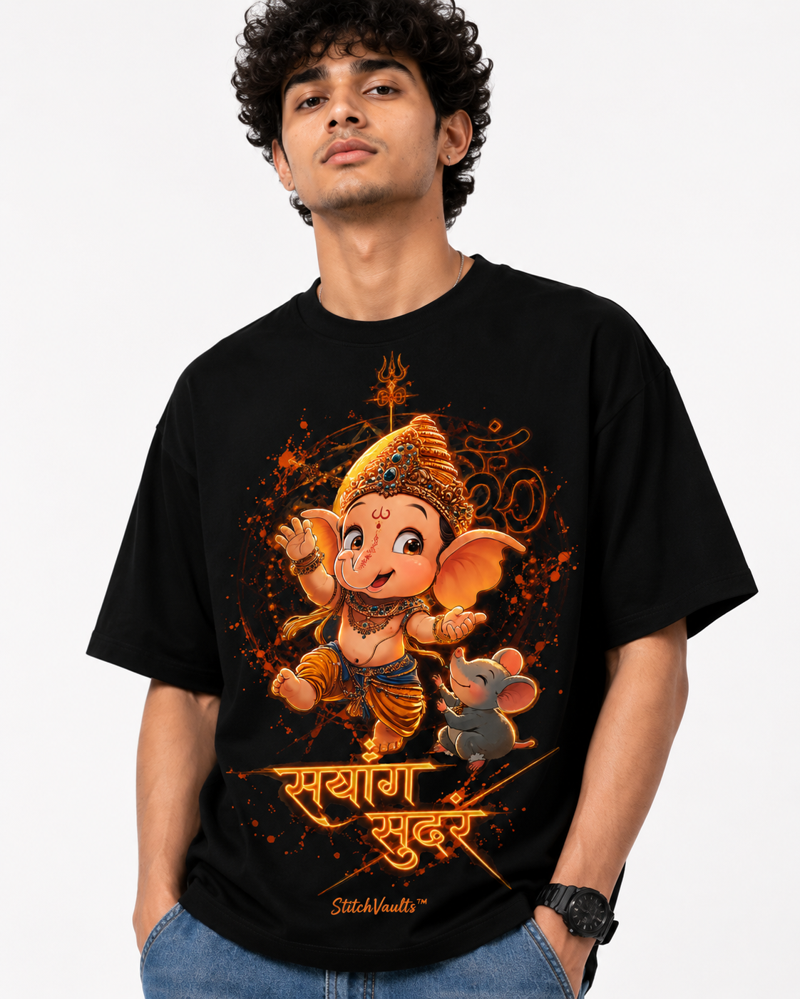 StitchVaults™ Saranga Sundara Baby Ganesha Oversized Graphic T-Shirt – GANESHA LEGACY™ Collection | Premium Cotton - Image 4